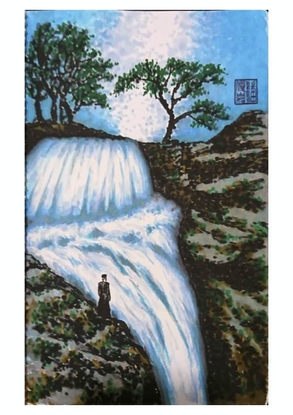 Contemplating before a waterfall